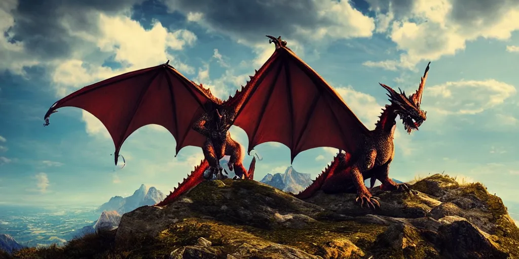 Image similar to A dragon breathing fire on the top of a mountain, epic wings half open, epic composition, detailed and intricate image, cinematic, 4K