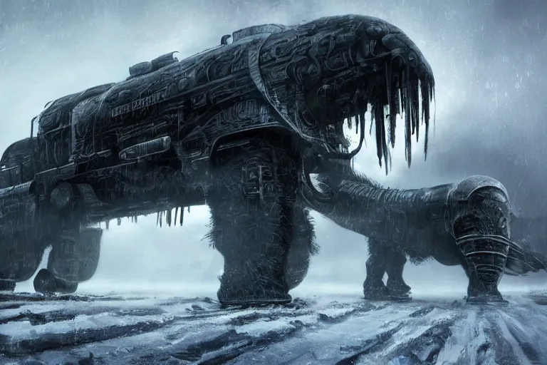 Image similar to an intricate futuristic black steam train and a giant mammoth, post - apocalyptic ice landscape in snowstorm, concept art, artstation, highly detailed, digital art