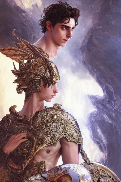 Image similar to ultra realistic illustration, timothee chalamet as perseus from baldurs gate and diablo, intricate, elegant, highly detailed, digital painting, artstation, concept art, smooth, sharp focus, illustration, art by artgerm and greg rutkowski and alphonse mucha