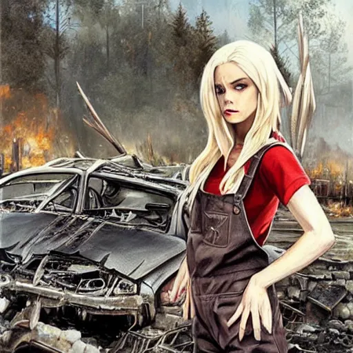 Image similar to a skinny elf with spiky blonde hair wearing dark brown overalls and holding dynamite standing next to a destroyed car, painting by artgerm