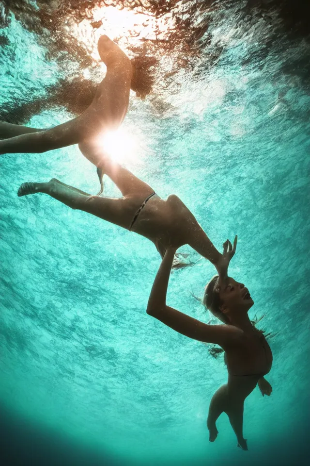 Image similar to underwater looking up, human woman model swimming in large tall rock trench , toward the sun rays and caustics, film , cinematic, underwater photography, low angle view