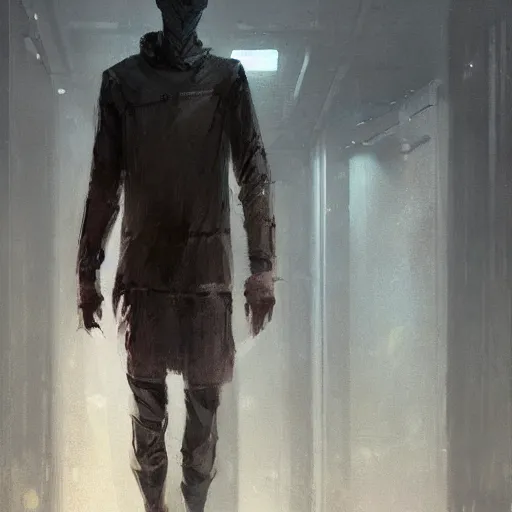 Image similar to concept art by greg rutkowski, a very tall and slender young man, dressed in patient clothes and an open sweatshirt, wandering through the desolate, futuristic, brutalist interior of a space colony, depressing atmosphere, low lighting, scifi, highly detailed portrait, digital painting, artstation, concept art, smooth, sharp foccus ilustration, artstation hq