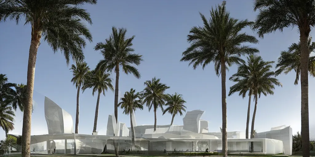 Prompt: futuristic translucent mosque exterior shadows, palm trees, lush lawn, complex, detailed, clear skies, reflective, pearlescent, white panels, glass, geodesic, architecture by Buckminster Fuller and photo by Nick Hufton and Allan Crow