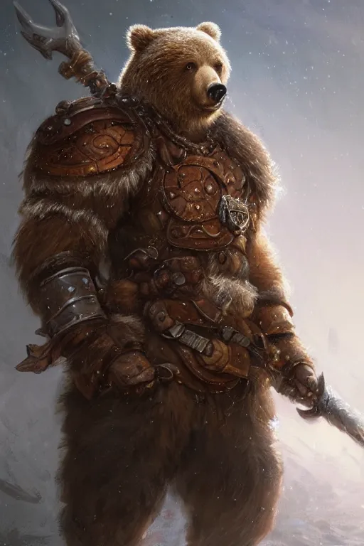 Prompt: a detailed full body portrait of a bear druid dressed with a leather armor, by justin gerard and greg rutkowski, digital art, realistic painting, dnd, character design, trending on artstation