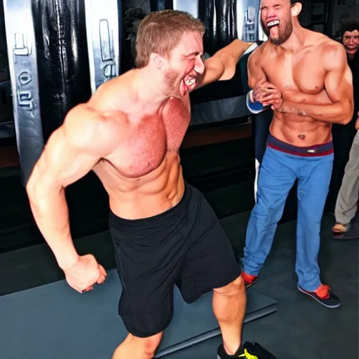 Image similar to Buff dude laughing while being punched by a skinny weak dude.