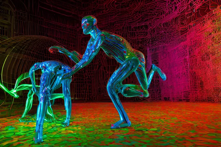 Prompt: full body, alan turing wrestling with agent smith, sculpture by auguste rodin, multicolored glowing tubes, glowing digital eyes, 8 k, front shot, symetrical, flourescent colors, halluzinogenic, multicolored, insanely detailed, 3 d render, octane