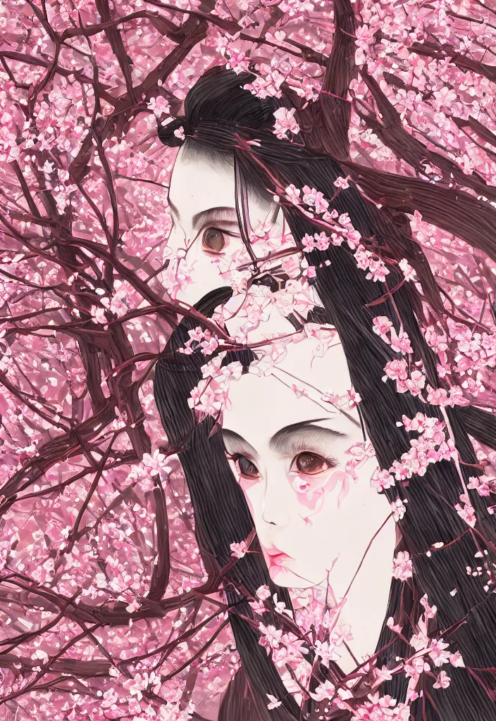 Prompt: detailed portrait of girl samurai in hakama with swords and rifles, in snow forest sakura cherry blossom, taisho roman, trending on artstation, elite, elegant, luxury, perfect face, fine details, realistic shaded, fine - face, pretty face