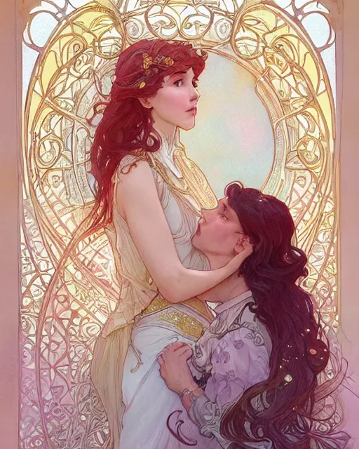 Image similar to secret romance, highly detailed, very intricate, art nouveau, gold filigree, romantic storybook fantasy, soft cinematic lighting, award - winning, disney concept art watercolor illustration by mandy jurgens and alphonse mucha and alena aenami, pastel color palette, featured on artstation