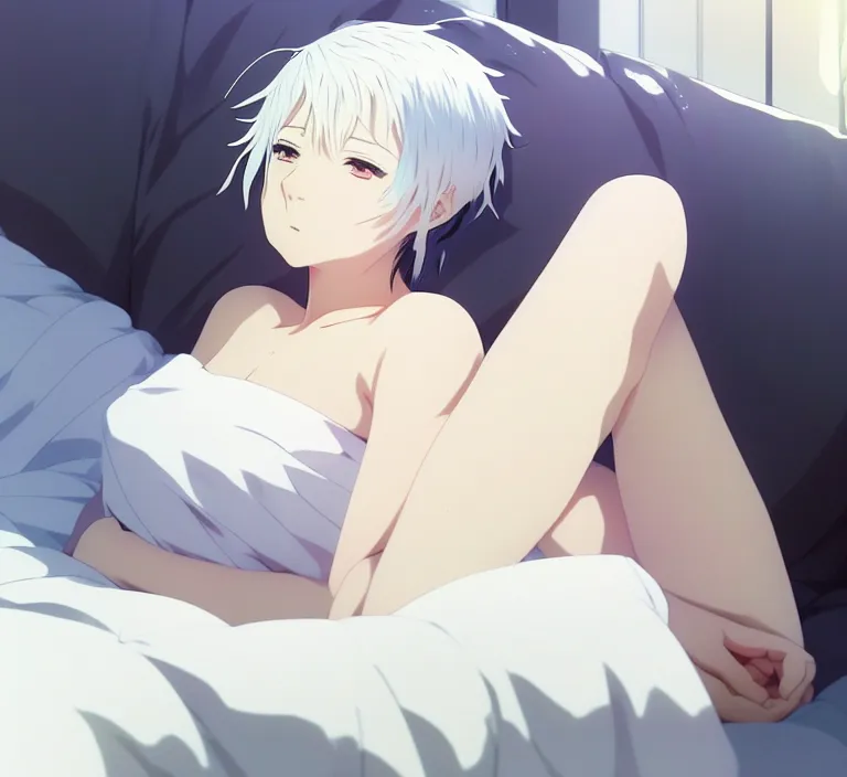 Image similar to anime visual, a young woman with white hair in her bedroom resting, cute face by ilya kuvshinov, yoshinari yoh, makoto shinkai, katsura masakazu, dynamic perspective pose, detailed facial features, kyoani, rounded eyes, crisp and sharp, cel shade, anime poster, ambient light