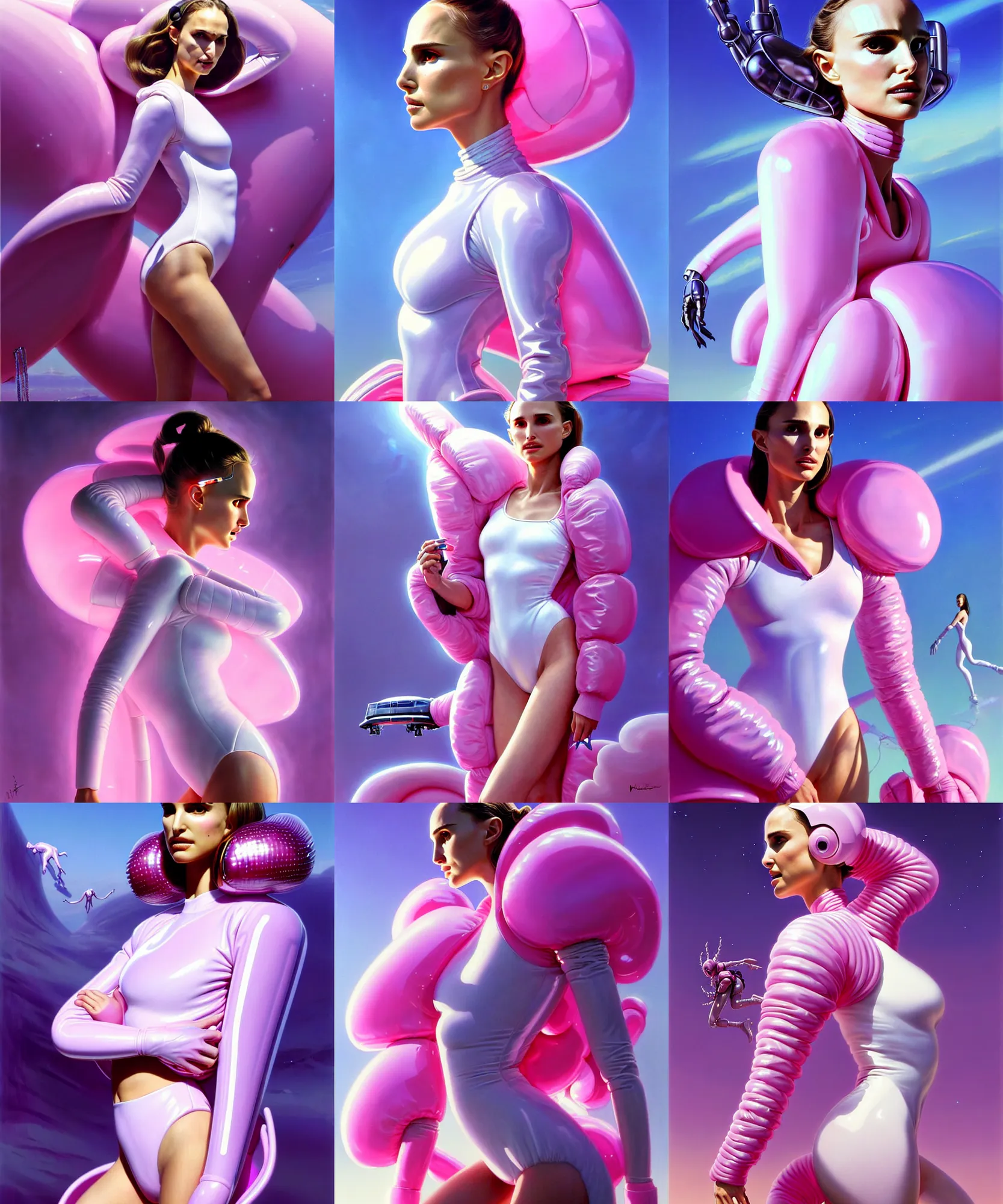 Prompt: beautiful fantasy character portrait, natalie portman, wearing oversized plastic puffy pink bomber jacket and white leotard, very seductive pose, ultra realistic, wide angle, dramatic lighting, futuristic vehicle, alien creatures, cyberpunk artifacts, highly detailed by boris vallejo, peter mohrbacher, hajime sorayama, aaron horkey,