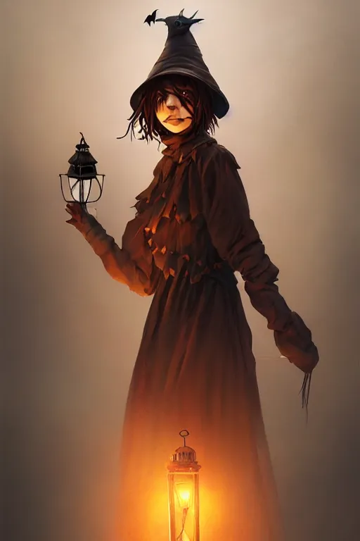 Prompt: portrait of a haunted scarecrow, crow on shoulder, holding a lantern, halloween night, charlie bowater, artgerm, ilya kuvshinov, krenz cushart, ruan jia, realism, ultra detailed, 8 k resolution