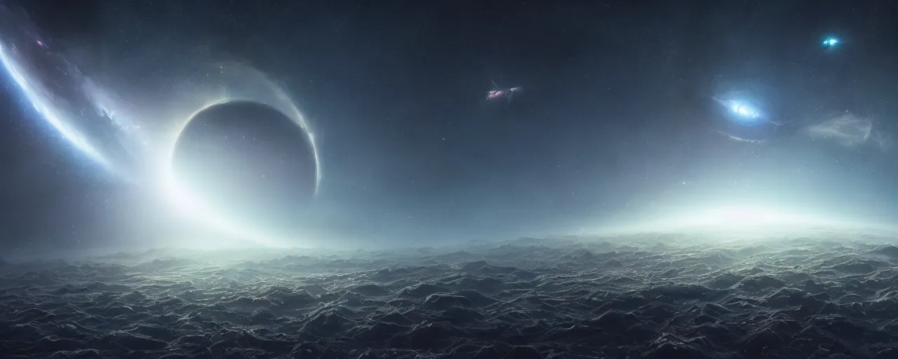 Prompt: movie still, thin galactic horizon, a dark epic galaxy, space scene, dark scifi, unreal engine, octane render, detailed and intricate, global illumination, volumetric lighting, hubble telescope images, james webb telescope images, houdini fluid simulation, detailed and intricate environment