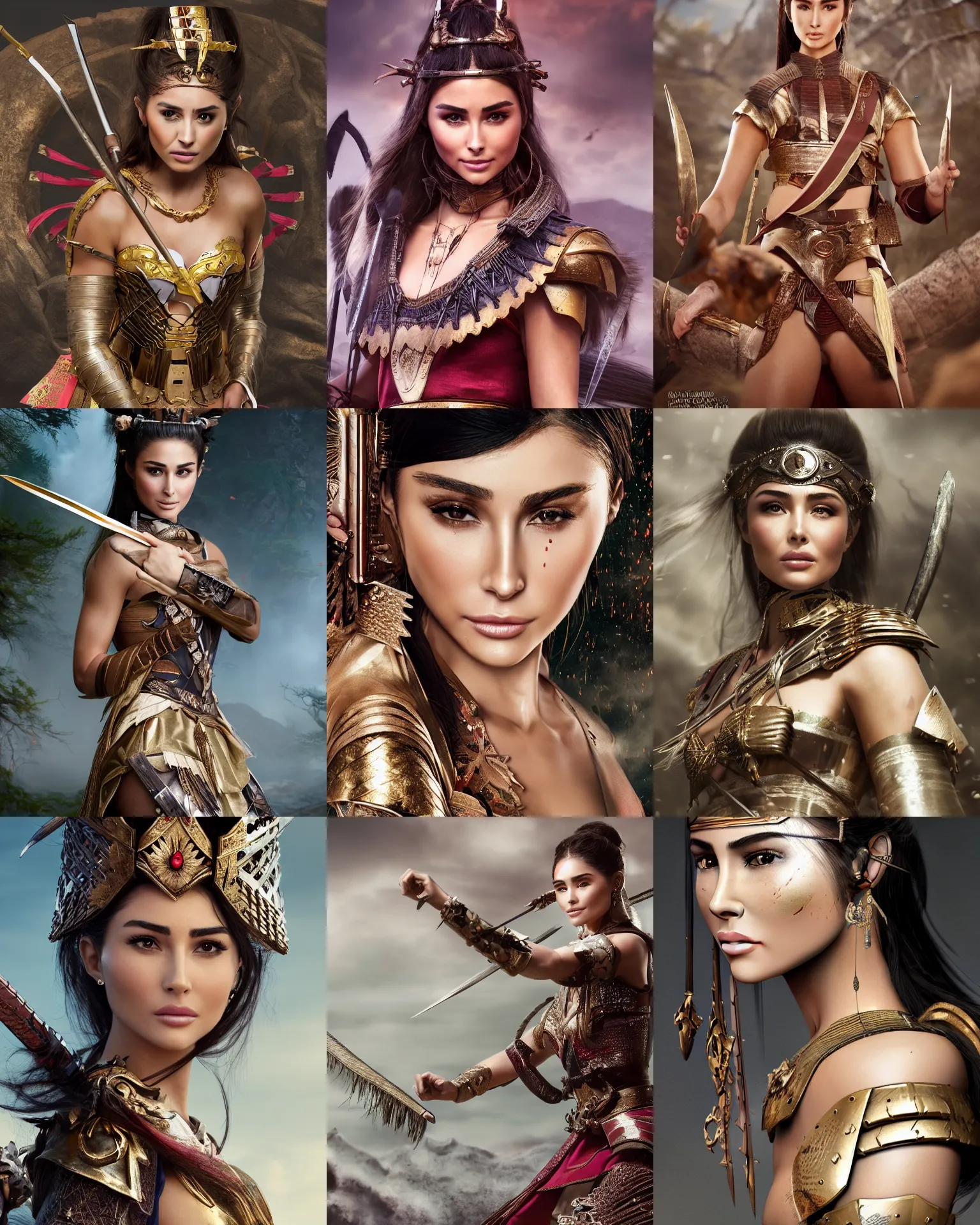 Prompt: Olivia Culpo as a warrior princess in feudal japan, background: battle scene, clear makeup, clean hair, dry skin, clear skin, airbrushed, bright eye makeup, warrior body, photo by mario testino, 8k octane render, cinematic, hyper detailed, micro details, insanely detailed, trending on artstation, concept art