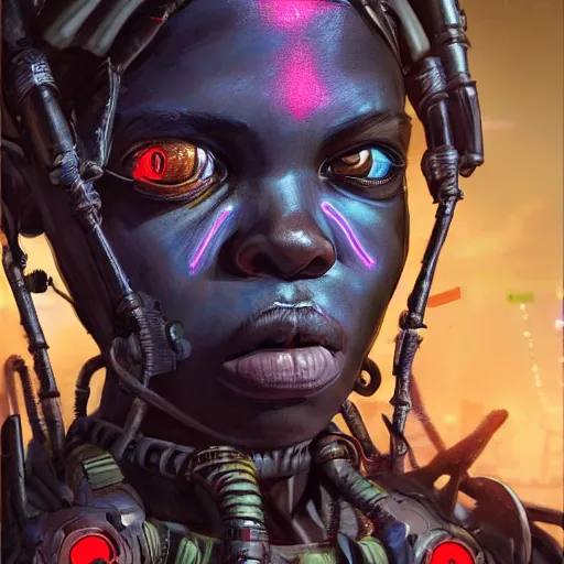 Image similar to a dark and ominous cyborg african child soldier with glowing eyes and tribal facial scarification, neon graffiti, Apex Legends character digital illustration portrait design, by android jones and greg rutkowski in a cyberpunk voodoo style, retrowave color scheme, detailed, cinematic lighting, wide angle action dynamic portrait