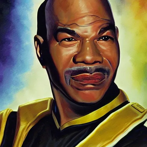 Prompt: commander laforge from star trek the next generation. realistic concept art painting,