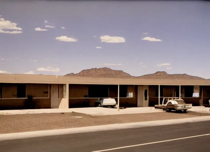 Image similar to a midcentury modern motel in tuscon arizona in the year 1 9 6 7