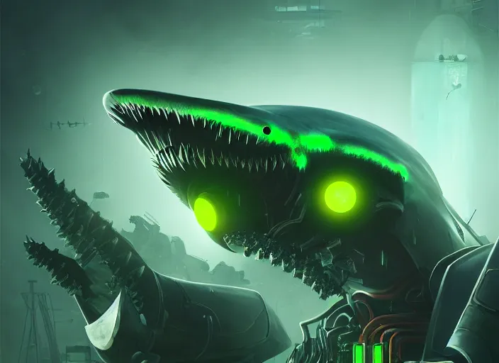 Image similar to cyber penguin fallout 4,, shark teeth, glowing green eyes, humanoid body, claws, horror scene, artgerm, rutkowski, tooth wu, beeple, and intricate