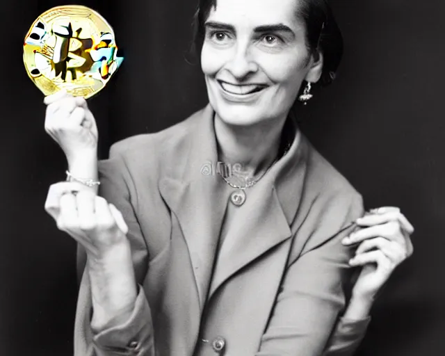 Prompt: ayn rand holding a golden bitcoin, commercial stock photo by annie liebovitz, j. c. leyendecker