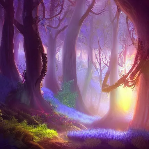 Prompt: A masterpiece digital art piece of a glowing magical forest. There are glowing blue plants, glowing red mushrooms, big trees and overhanging shrubbery. The air is fresh, stress-relieving. Heaven on earth. Trending on Artstation, cgsociety.