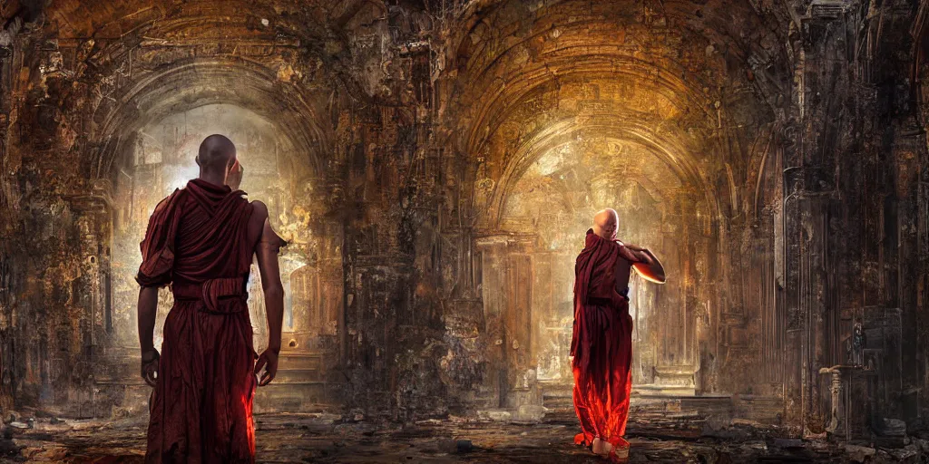 Image similar to gloomy painting of monk in biopunk costume standing inside ruined catholic cathedral interiors with walls painted in khokhloma style, gold, red and black, wide angle, 24mm, 8k resolution, detailed, realistic, digital art, very beautiful, award winning, matte painting