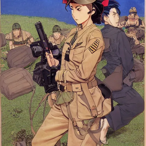 Prompt: anime style, marvel japan coloring, side portrait of a girl, trench and sandbags in background, soldier clothing, norman rockwell, tom lovell, alex malveda, jack kirby, greg staples