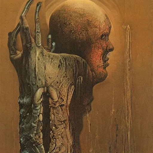 Image similar to a painting by beksinski, Giger, and Caravaggio