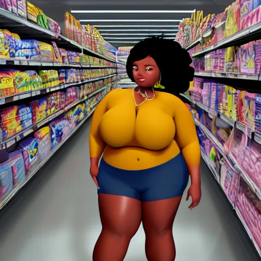 Image similar to high quality still of black bbw woman in wal-mart follow shot, 3d, in the style of pixar, comic book style, 3d, highly detailed, 16k resolution, octane renderer, coherent