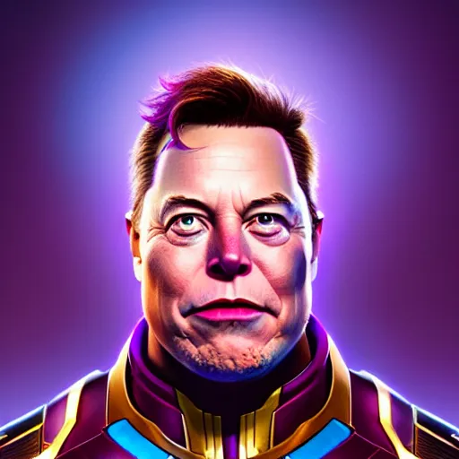 Image similar to a full character portrait of elon musk as thanos, the pixar adaptation, with same hairstyle, hyper detailed, digital art, trending in artstation, cinematic lighting, studio quality, smooth render, unreal engine 5 rendered, octane rendered