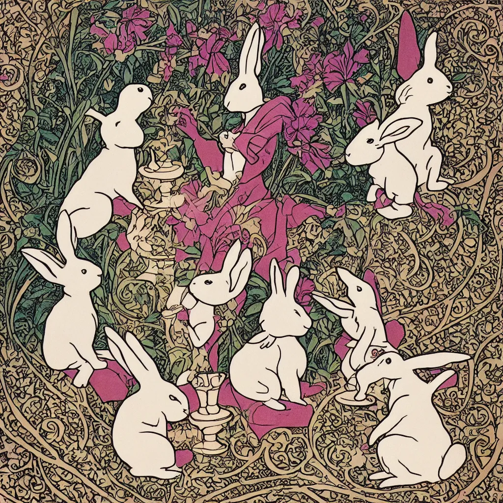 Image similar to Two rabbits playing chess in the art nouveau style