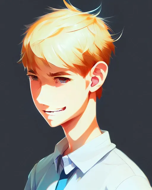 Image similar to teen boy with buzzed hair, blonde, bangs, blue eyes, bushy eyebrows, goofy grin, portrait shinkai makoto studio ghibli studio key hideaki anno sakimichan stanley artgerm lau rossdraws james jean marc simonetti elegant highly detailed digital painting artstation pixiv