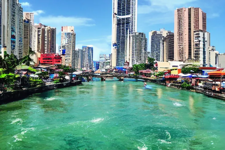 Prompt: photo of a very clean pasig river in the philippines with crystal clear blue water, high definition, tourism media