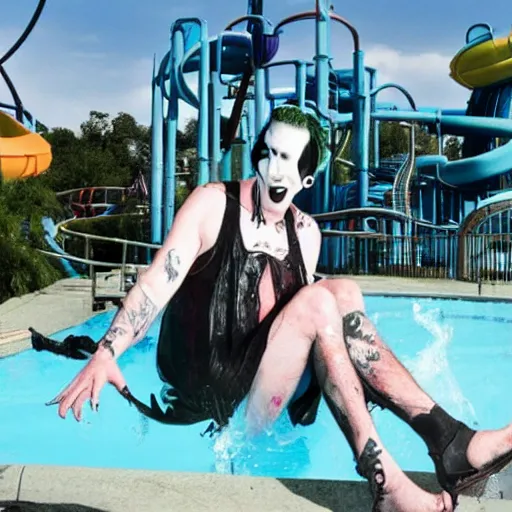 Prompt: marilyn manson working at the waterpark