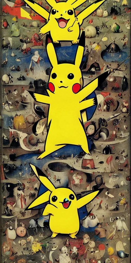 Prompt: pikachu comic book cover by hieronymus bosch