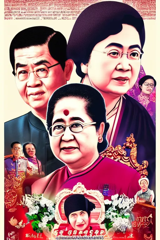 Prompt: poster of saint megawati soekarno putri, uhd, arstation, 1 0 8 0 p, ultra realistic detail, jacqueline e, tafy, bo feng, love hate love