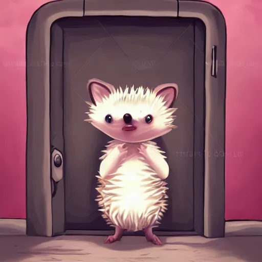 Image similar to cute adorable hedgehog opening the door, shy hedgehog, blushing, waving, smiling, cute, hedgehog, by cyril rolando