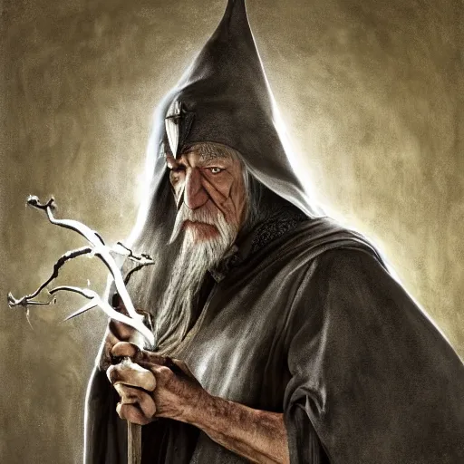 Image similar to the evil ian mckellen smithing on an anvil as gandalf in a dark viking hood playing odin all father crafting the plant of life with vines sprouting from the anvil, highly detailed, cinematic shot, cinematic lighting, 8 k, exquisit facial detail, magical realism painting, chiaroscuro, dark painting.