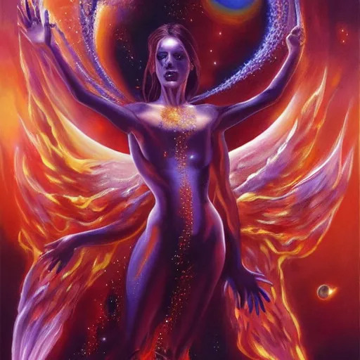 Image similar to A beautiful painting of a female cosmic being with flames as its body by Jim Burns, 8K, ultra-detailed , Trending on artstation.