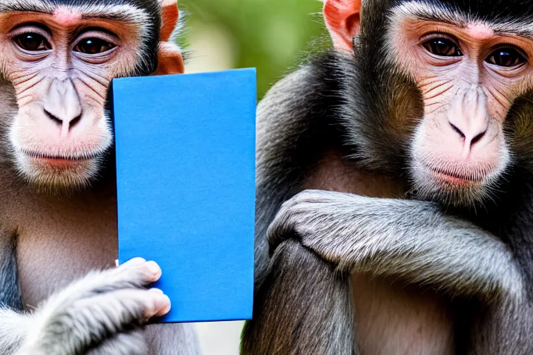 Image similar to photograph of a monkey holding a blue pen towards the camera, 4 k, full hd, highly detailed, close up