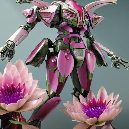 Prompt: futuristic nymphaea mecha waterlily upper body, sepals forming helmet, floral details, waterlily, 8 k hd resolution, barbatos gundam with floral inlay, bandai box art, star wars, makoto kobayashi, frank gehry, raymond swanland