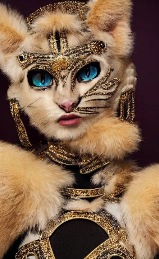 Image similar to a costume exclusively designed by versace for furry catgirls, luxury, expensive, high fashion magazine cover, furry, photo portrait, symmetry, awesome exposition, very detailed, highly accurate, professional lighting diffracted lightrays, 8 k, sense of awe