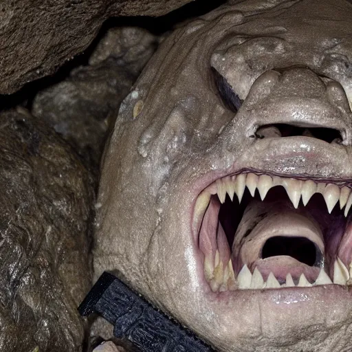 Image similar to photo inside a cavern of a wet reptilian humanoid trump partially hidden behind a rock, with black eyes, open mouth and big teeth