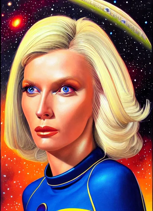 Image similar to portrait of a blonde alien plejaren woman inside a spaceship wearing a space uniform, beautiful face, hyper realistic, highly detailed digital painting by earl norem, artstation illustration co