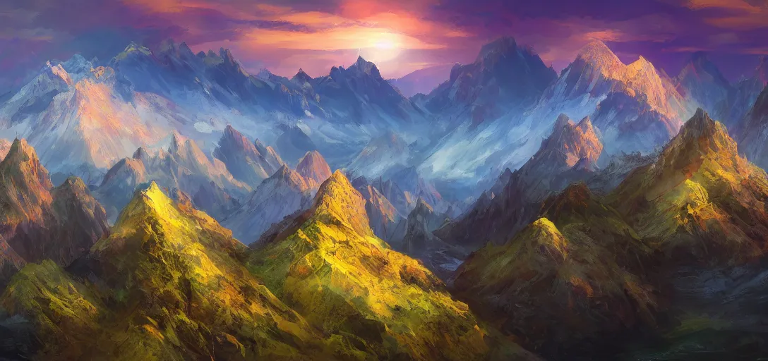 Image similar to vast mountain landscape, craggy mountains, magic the gathering, three - colors, three - color color palette, panoramic, wide angle, horizon, highly detailed