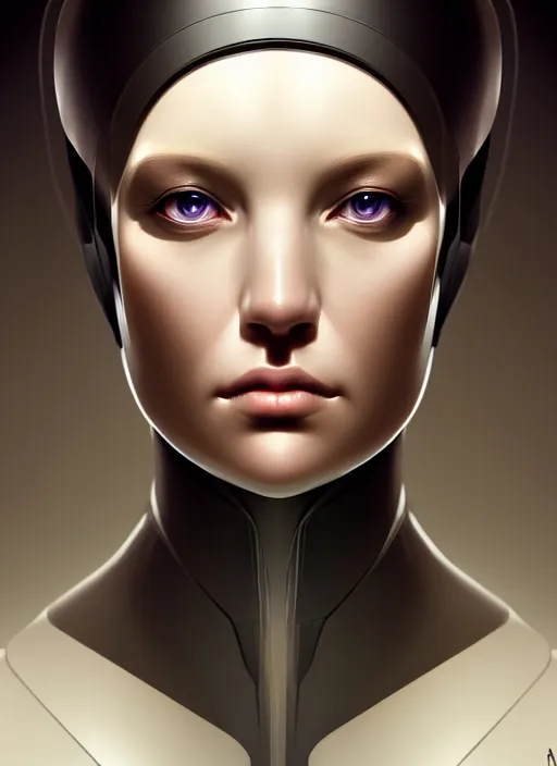 Image similar to portrait of female android, symmetry, intricate, elegant, highly detailed, smooth, sharp focus, concept art, digital painting, illustration, artstation, by fra angelico and greg ruthkowski