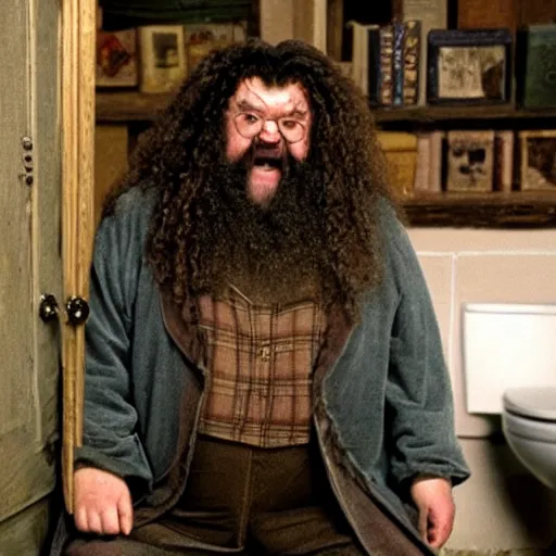 Prompt: Harry Potter, Hagrid is sitting on the toilet