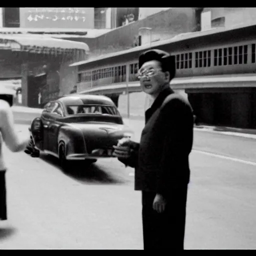 Prompt: 1950s Korean thriller film noir, Kim Jong-il, 35mm film, Cooke Varotal 20-100 T3.1