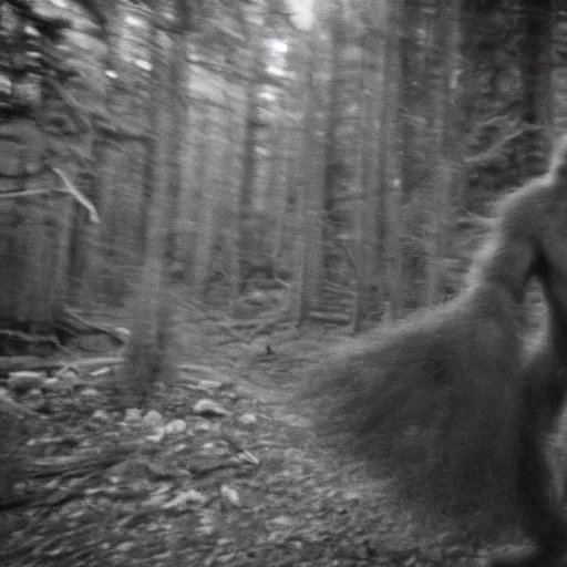 Prompt: footage of a sasquatch caught on a wildcamera, black and white, blurry footage, wild camera, night