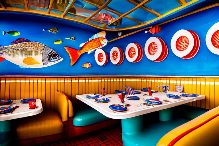 Image similar to 2 0 1 5 fish themed underwater american diner, googie architecture, two point perspective, americana, fishcore, restaurant interior photography, 8 5 mm, photo by jeff brouws