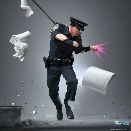 Prompt: a police officer throwing toilet paper and plunger for a baton, ultra realistic, concept art, intricate details, highly detailed, photorealistic, octane render, 8 k, unreal engine, art by frank frazetta, simon bisley, brom