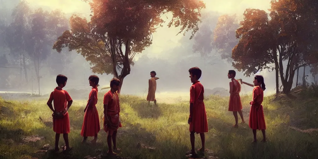 Prompt: kerala school boys wearing girls dresses posing for a photo, an epic fantasy, dramatic lighting, cinematic, establishing shot, extremely high detail, photorealistic, cinematic lighting, artstation, matte painting by simon stalenhag, shadow of the tomb rider